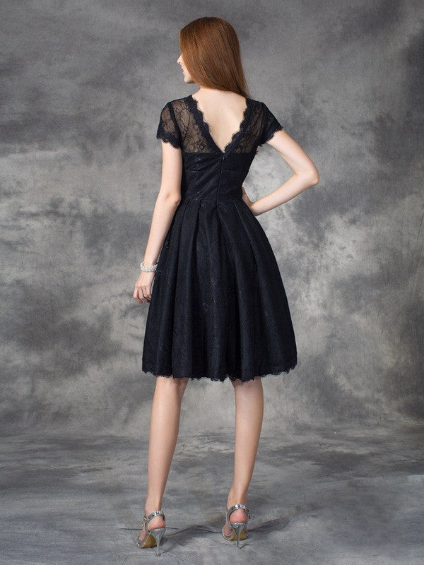 A-Line Lace Jewel Short Sleeves Knee-Length With Lace Dresses